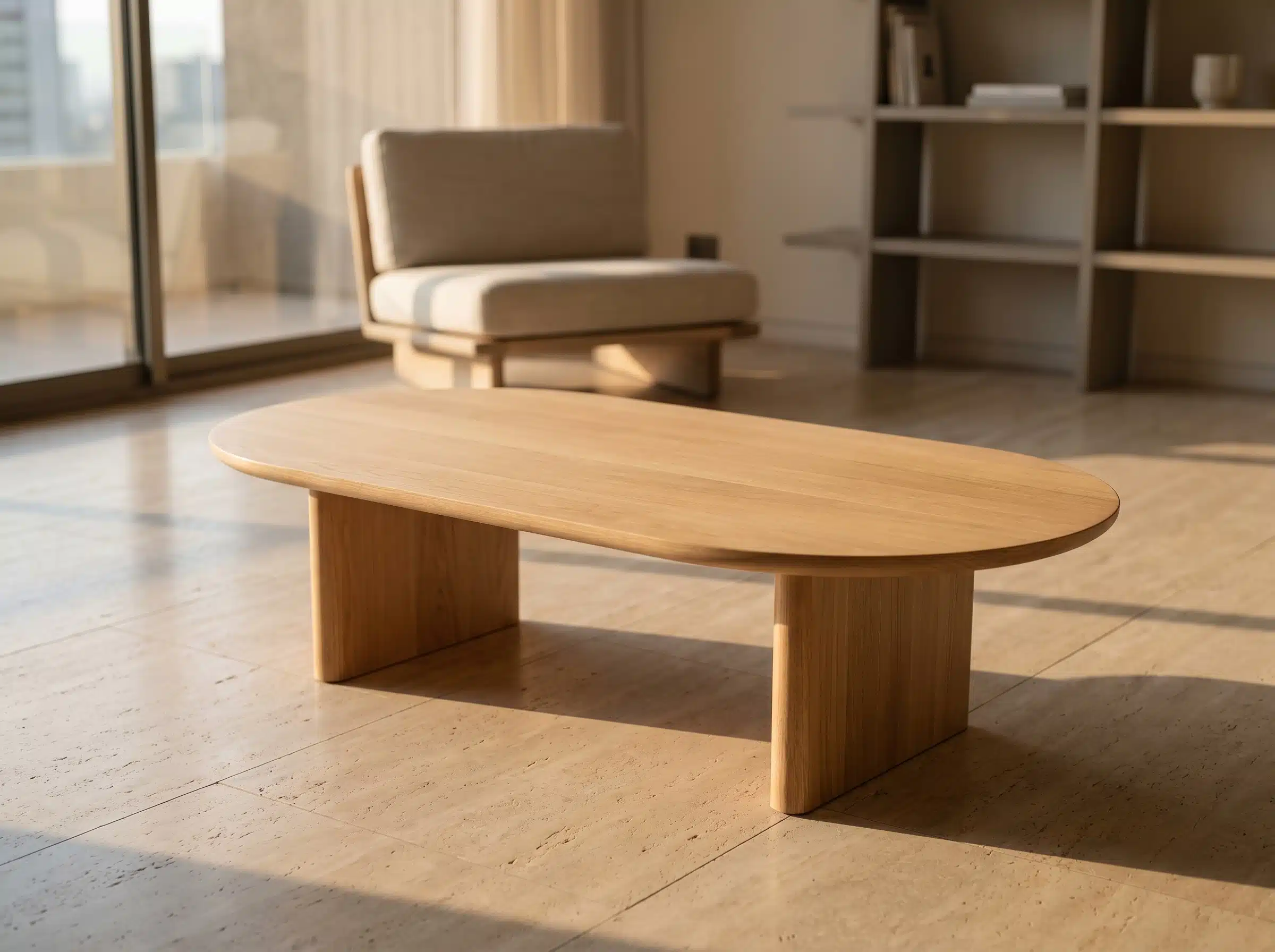 Mesa de Centro Küyen Kalafquen, ambiente sur premium roble americano blanco 10 para catalogo online, mostrando el producto con detalle para compra.