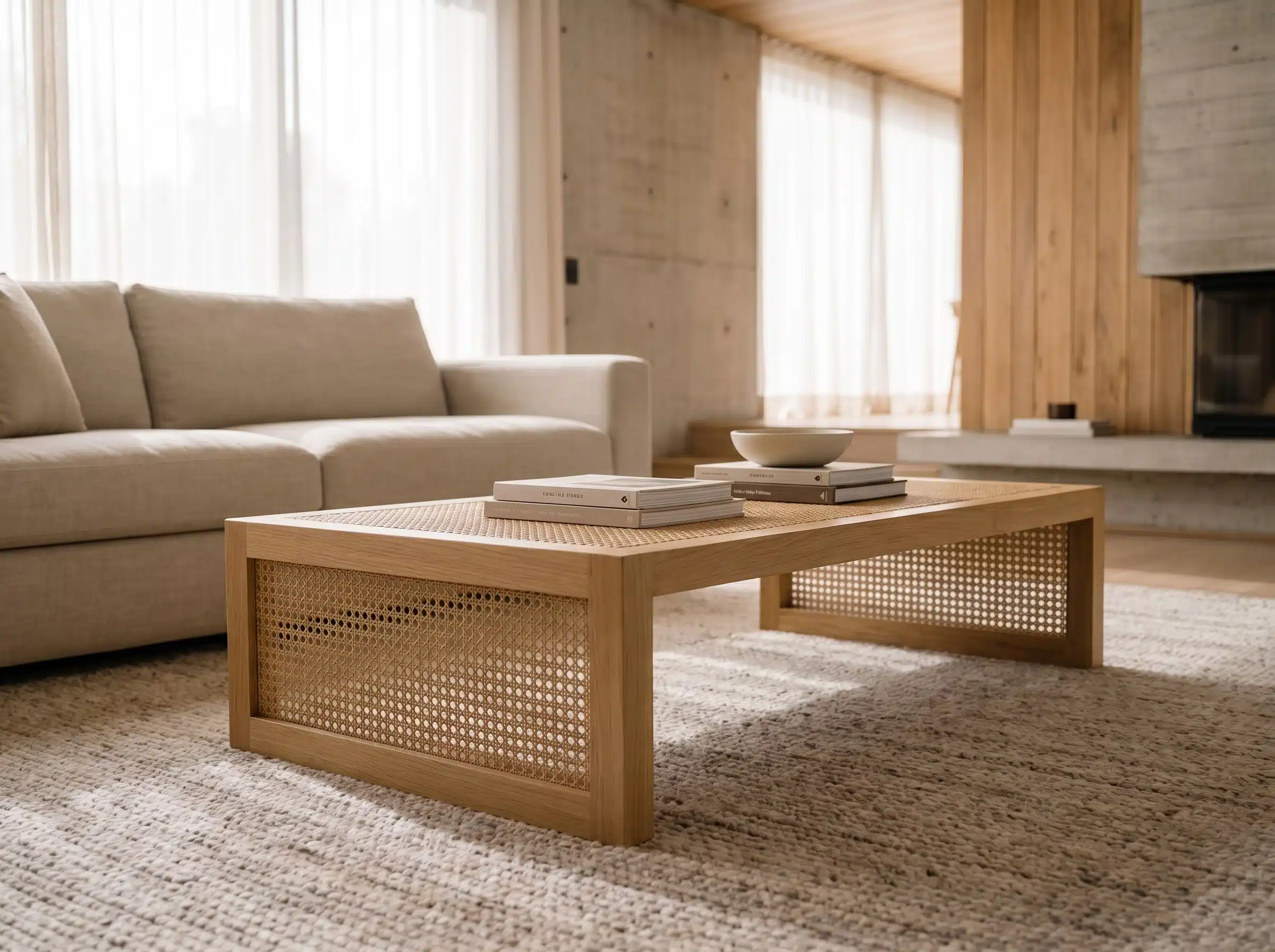 Mesa de Centro Lafken Kalafquen, ambiente sur premium roble americano blanco 10 para catalogo online, mostrando el producto con detalle para compra.